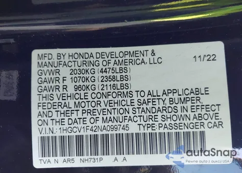 2022 Honda Accord Sport Special Edition z USA, uszkodzony, nr VIN 1HGCV1F42NA099745
